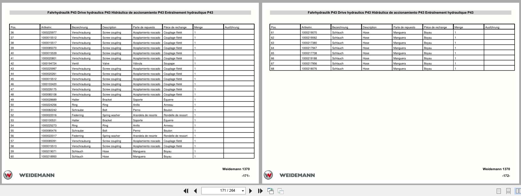 Weidemann Wheel Loader 1370 P33 P43 P45 P48 P50 Parts List 5056137005 DE EN FR ES (3)