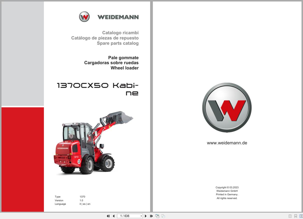 Weidemann Wheel Loader 1370CX50 Kabine 1370 Spare Parts Catalog 03.2023 IT ES EN (1)