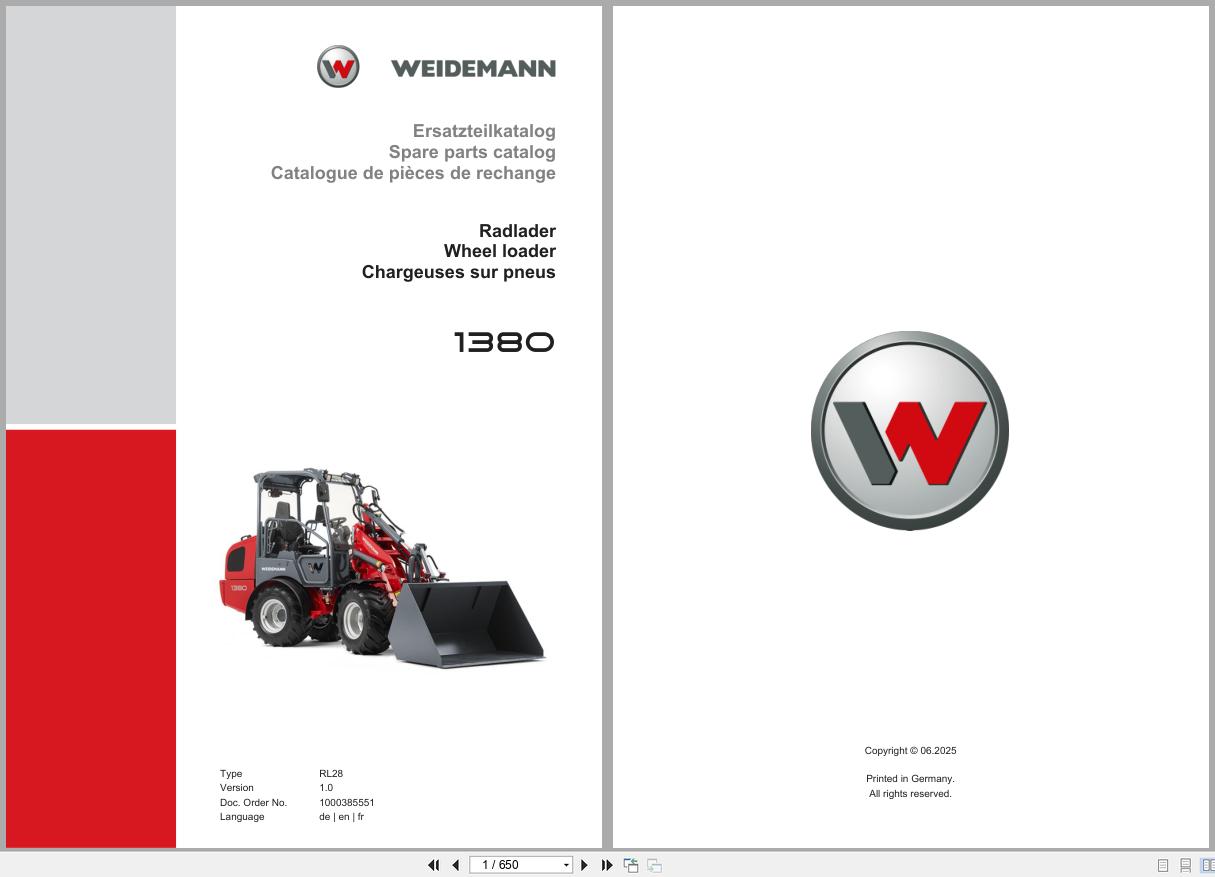 Weidemann Wheel Loader 1380 RL28 Spare Parts Catalog 1000385551 06.2025 DE EN FR (1)