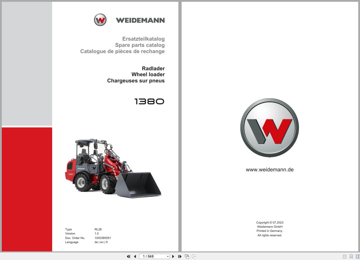 Weidemann Wheel Loader 1380 RL28 Spare Parts Catalog 1000385551 07.2023 DE EN FR (1)
