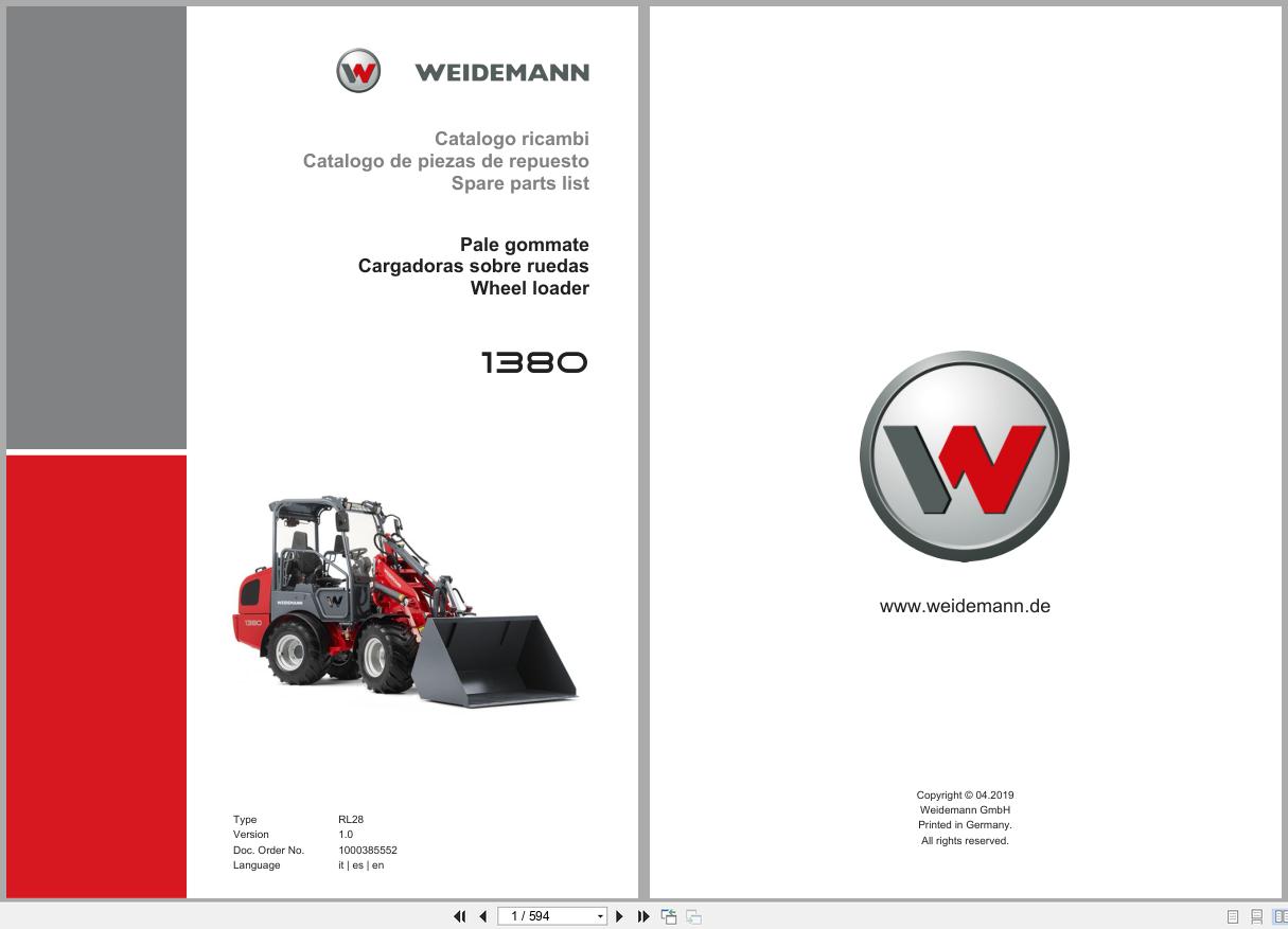 Weidemann Wheel Loader 1380 RL28 Spare Parts List 1000385552 04.2019 IT ES EN (1)