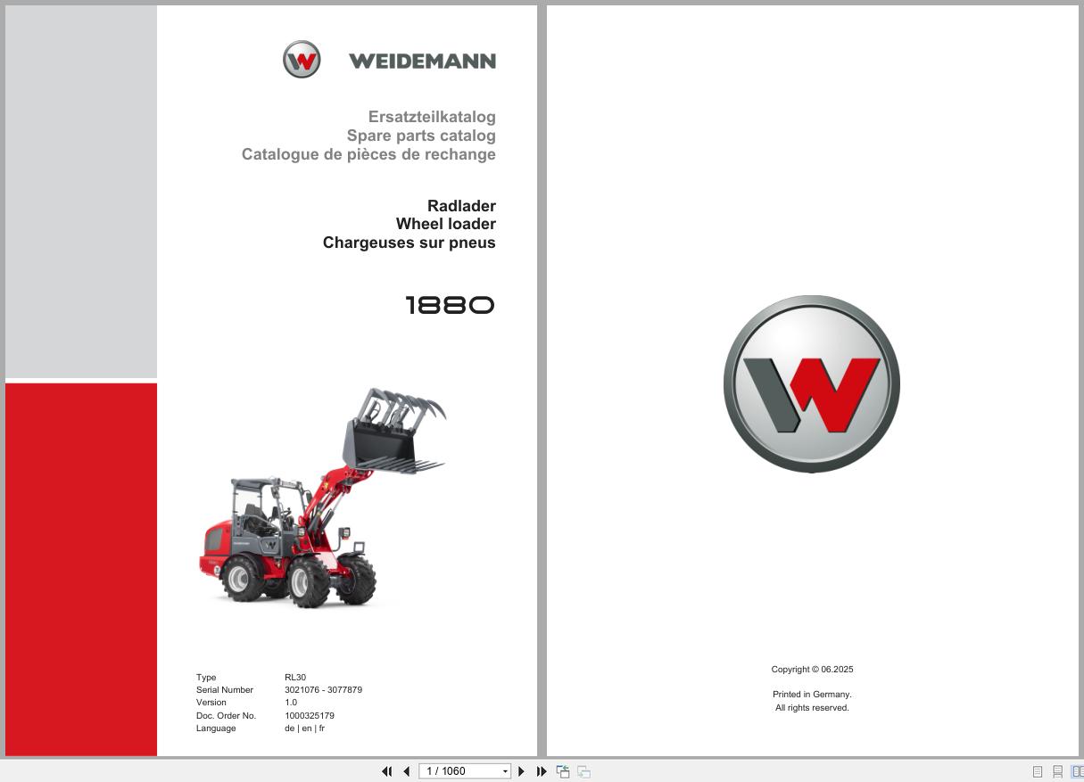 Weidemann Wheel Loader 1880 RL30 Spare Parts Catalog 1000325179 06.2025 DE EN FR (1)