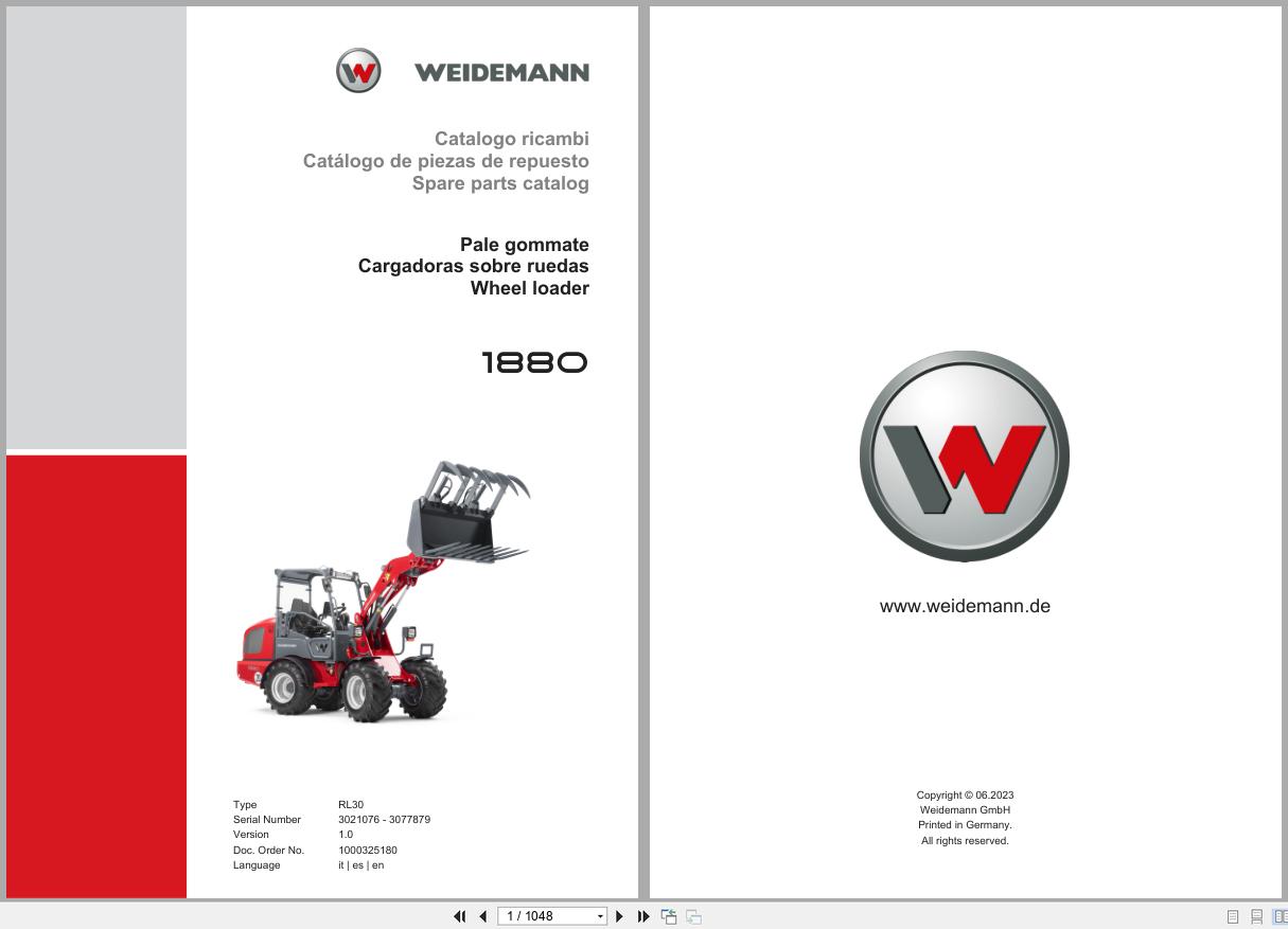 Weidemann Wheel Loader 1880 RL30 Spare Parts Catalog 1000325180 06.2023 IT ES EN (1)