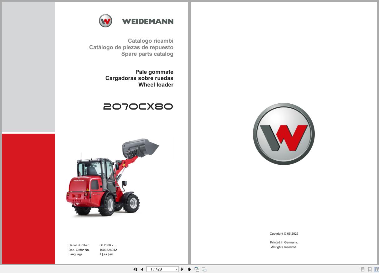 Weidemann Wheel Loader 2070CX80 Spare Parts Catalog 1000326042 05.2025 IT ES EN (1)