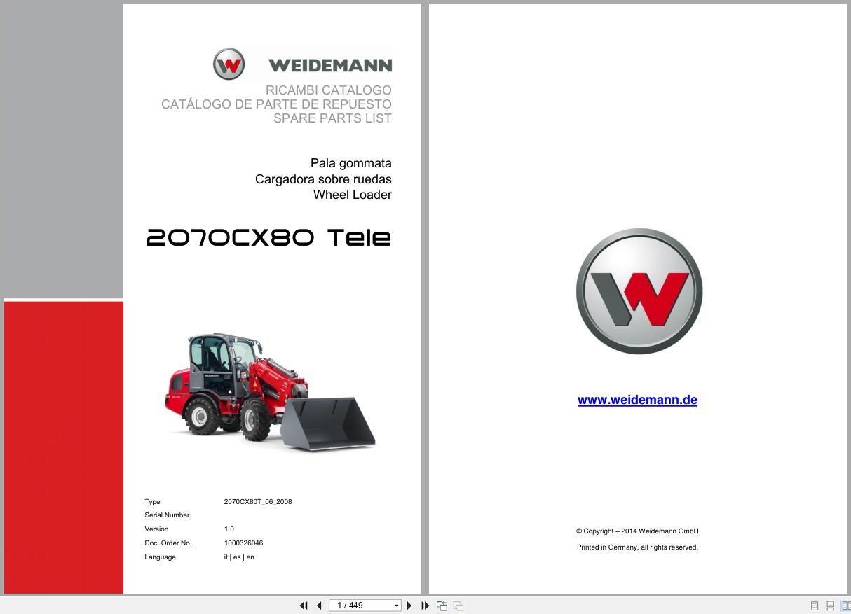 Weidemann Wheel Loader 2070CX80 TELE 2070CX80T Spare Parts List 1000326046 2014 IT ES EN (1)