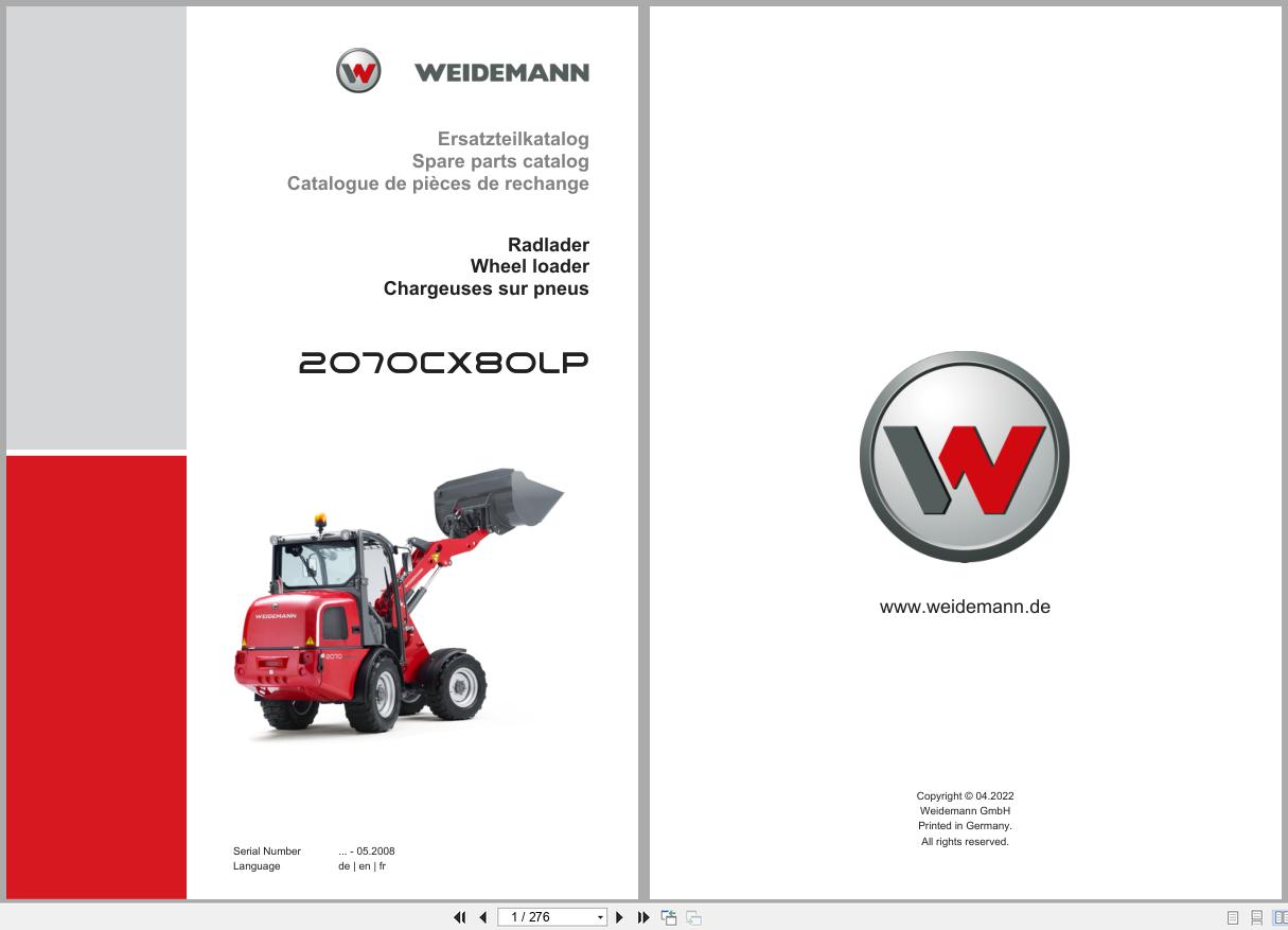 Weidemann Wheel Loader 2070CX80LP Spare Parts Catalog 04.2022 DE EN FR (1)