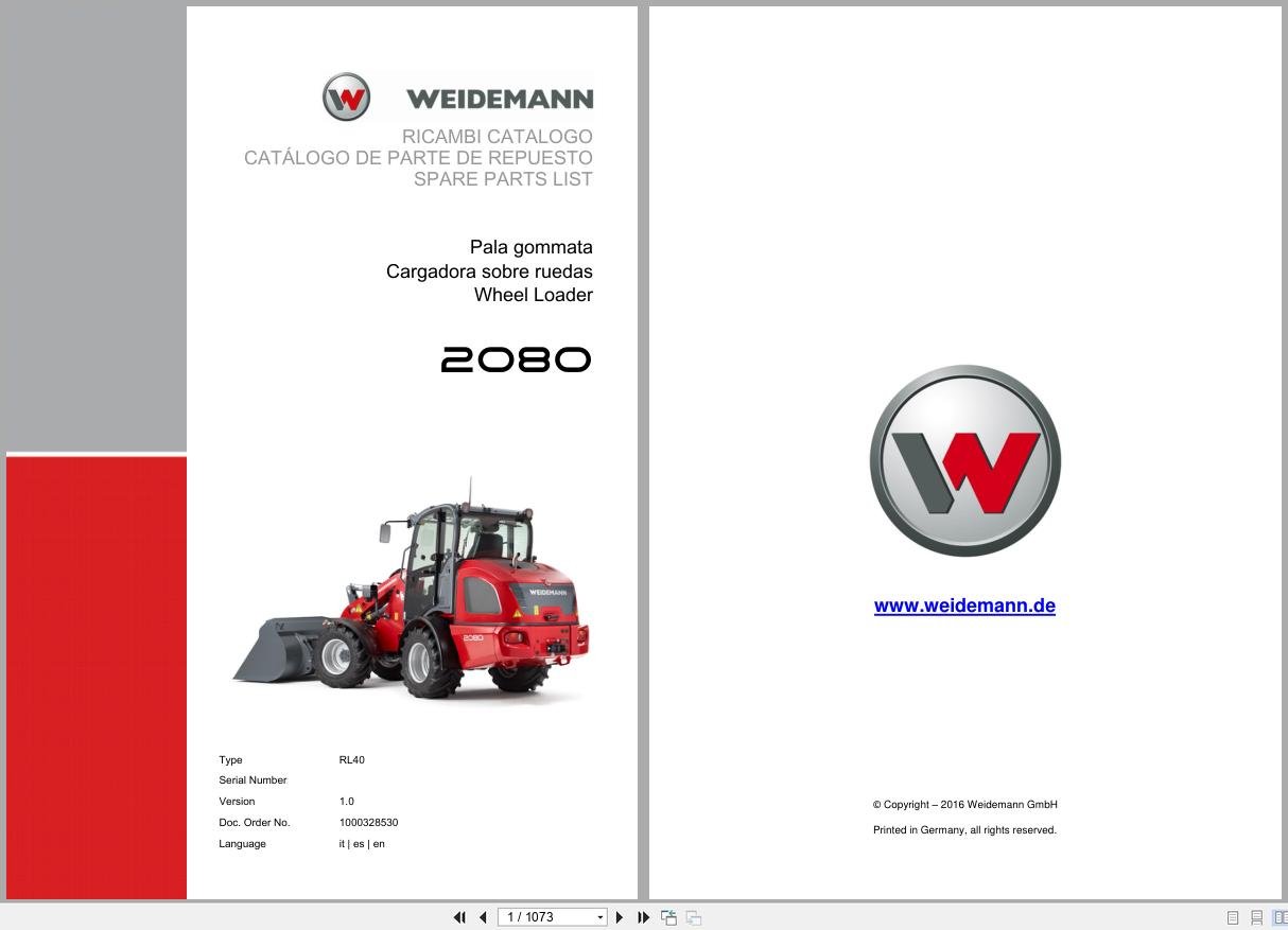 Weidemann Wheel Loader 2080 RL40 Spare Parts List 1000328530 2016 IT ES EN (1)