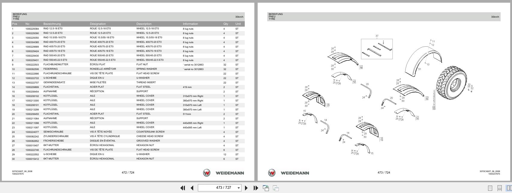 Weidemann Wheel Loader 3070CX60 TELE 3070CX60T Spare Parts List 1000304547 2014 DE FR EN (3)
