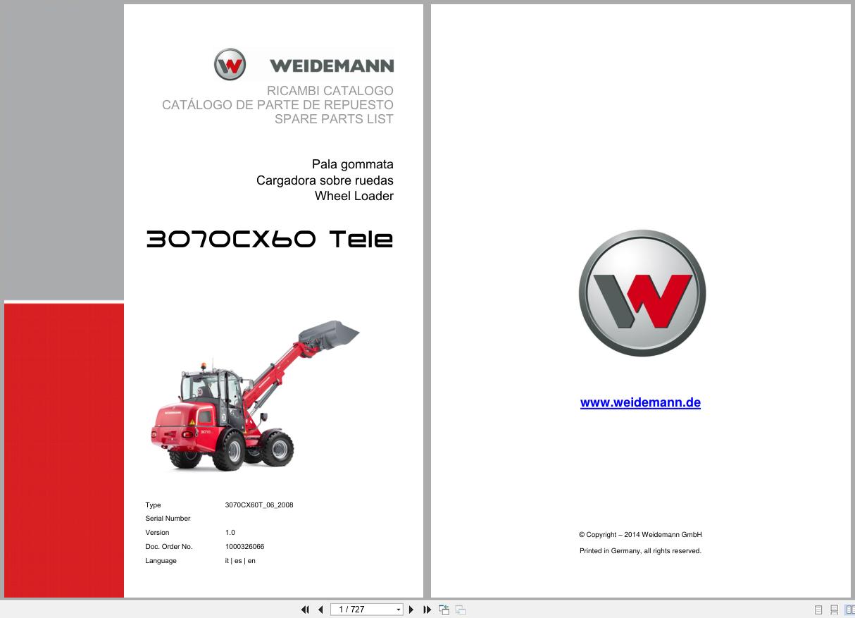 Weidemann Wheel Loader 3070CX60 TELE 3070CX60T Spare Parts List 1000326066 2014 IT ES EN (1)