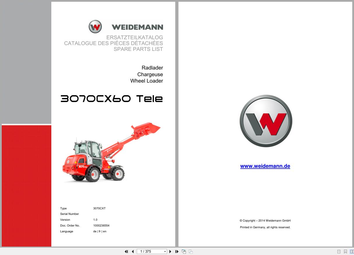 Weidemann Wheel Loader 3070CX60 TELE 3070CXT Spare Parts List 1000236554 2014 DE FR EN (1)