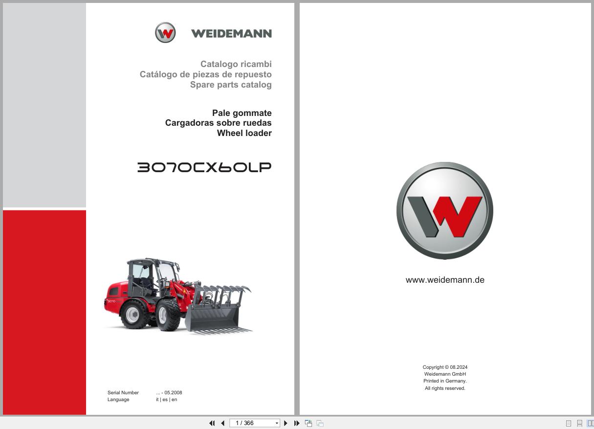 Weidemann Wheel Loader 3070CX60LP Spare Parts Catalog 08.2024 IT ES EN (1)