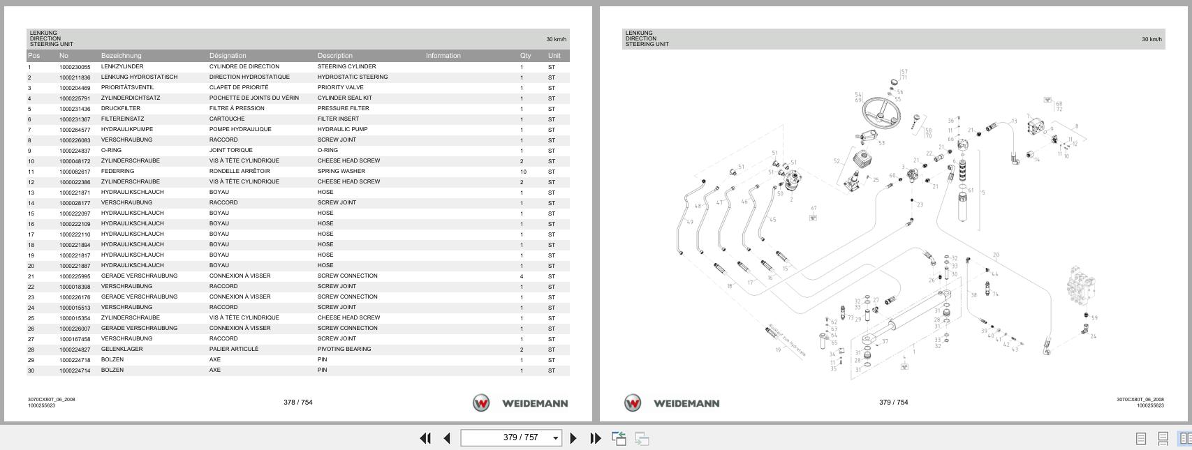 Weidemann Wheel Loader 3070CX80 TELE 3070CX80T Spare Parts List 1000304572 2016 DE FR EN (2)