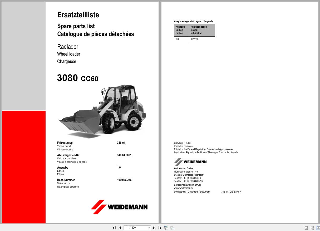 Weidemann Wheel Loader 3080 CC60 346 04 Spare Parts List 1000189286 2008 DE EN FR (1)