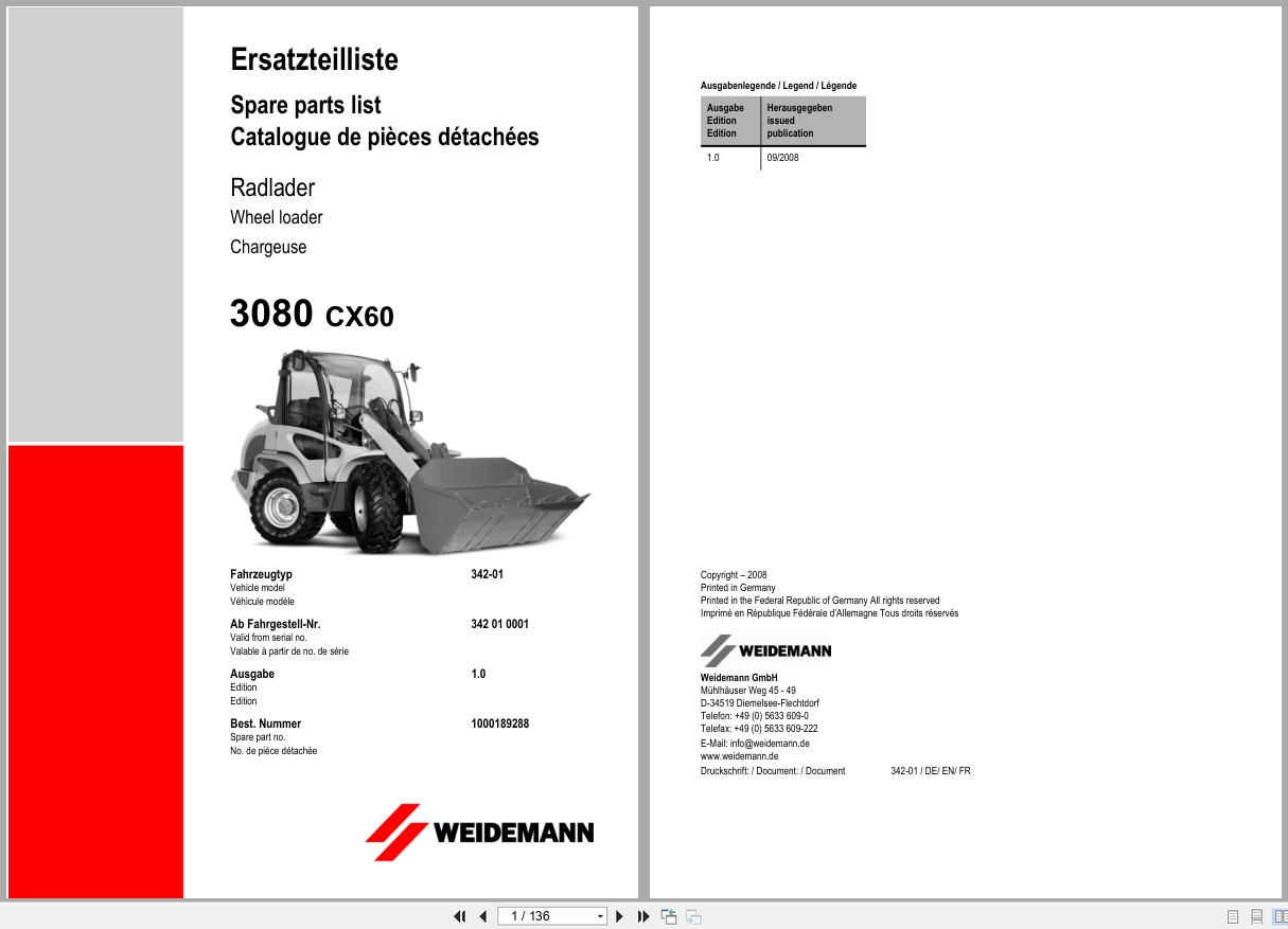 Weidemann Wheel Loader 3080 CX60 342 01 Spare Parts List 1000189288 2008 ML (1)