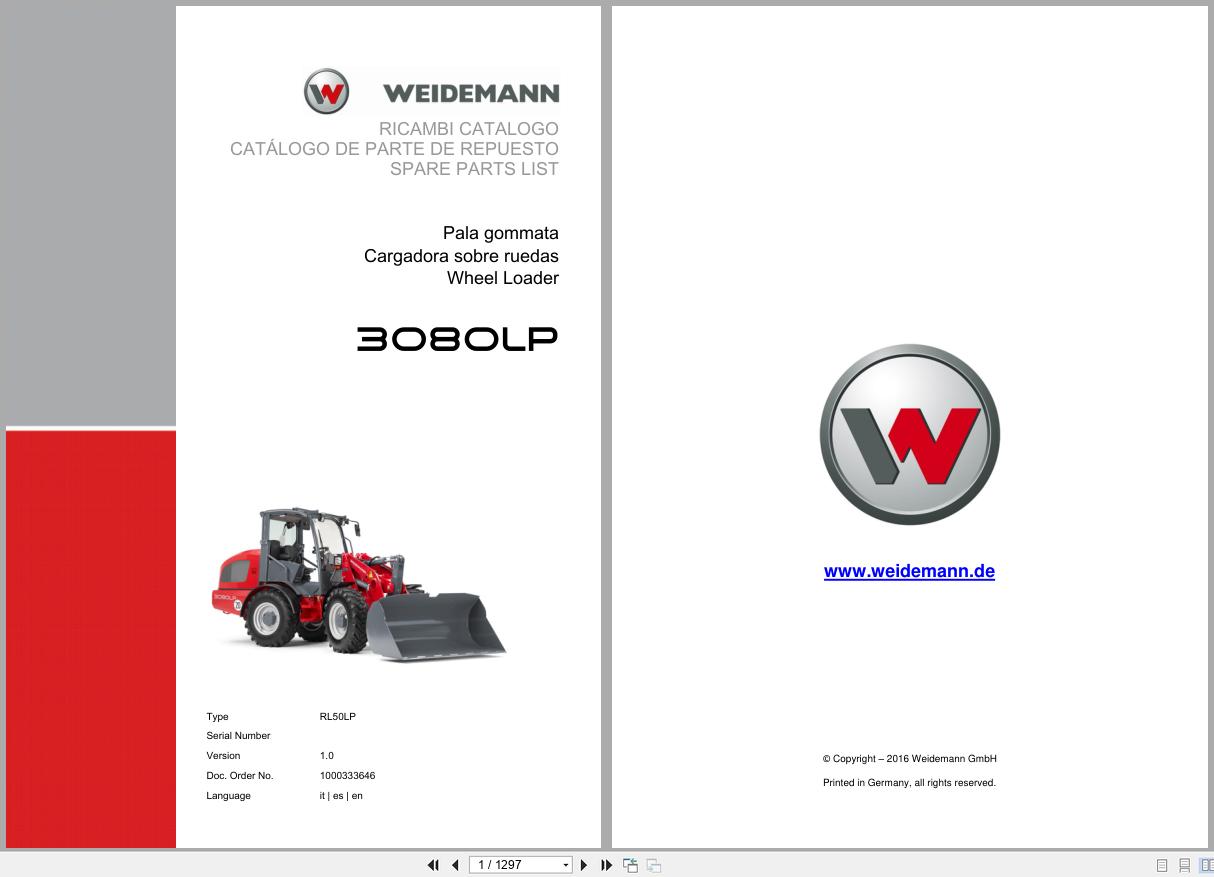 Weidemann Wheel Loader 3080LP RL50LP Spare Parts List 1000333646 2016 IT ES EN (1)
