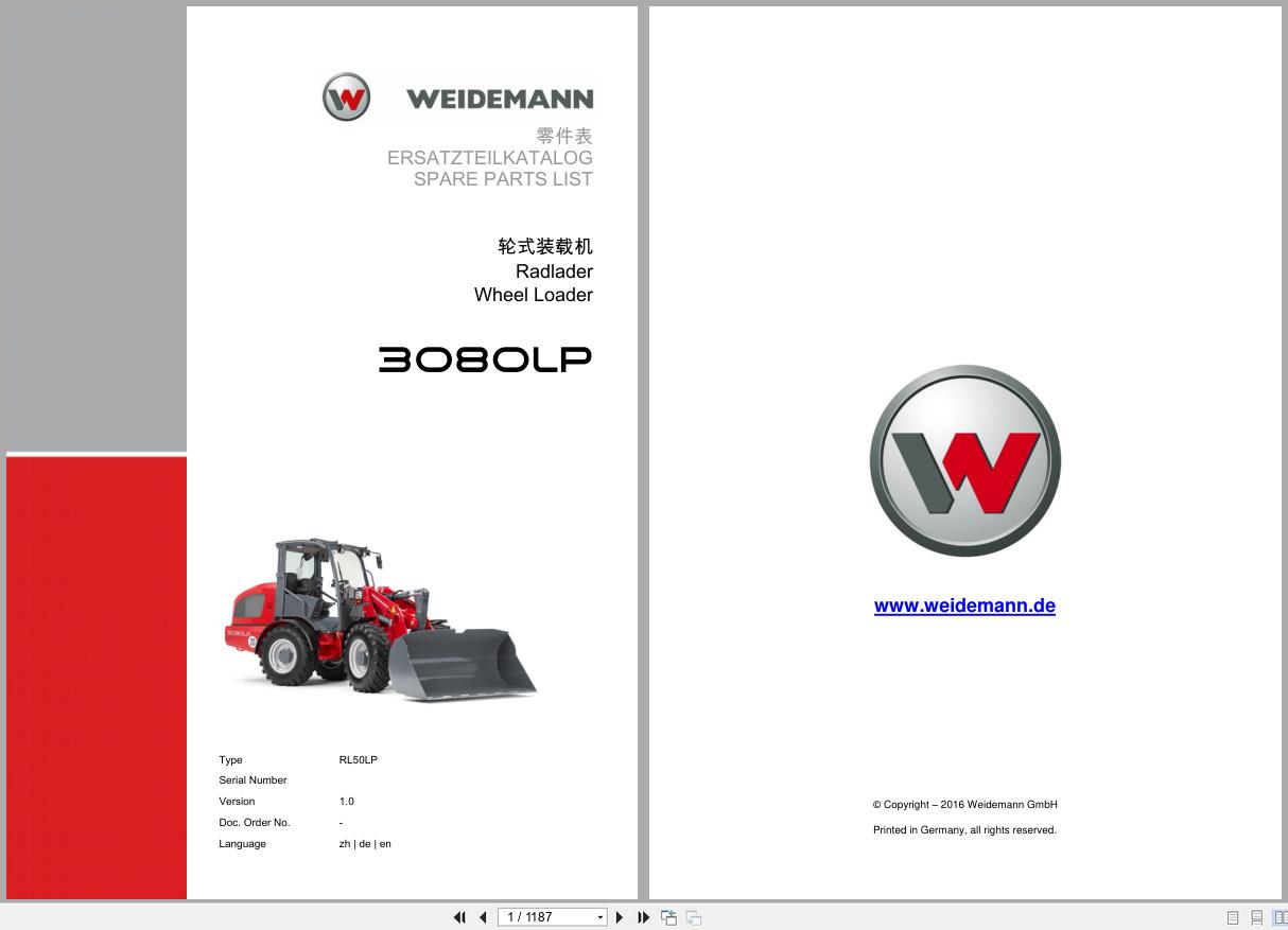 Weidemann Wheel Loader 3080LP RL50LP Spare Parts List 2016 ZH DE EN (1)