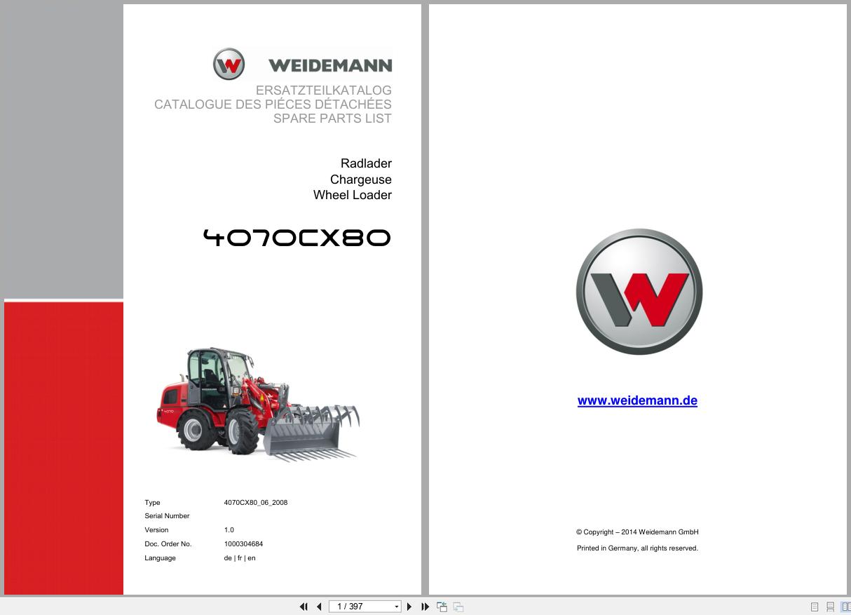 Weidemann Wheel Loader 4070CX80 4070CX80 Spare Parts List 1000304684 2014 DE FR EN (1)