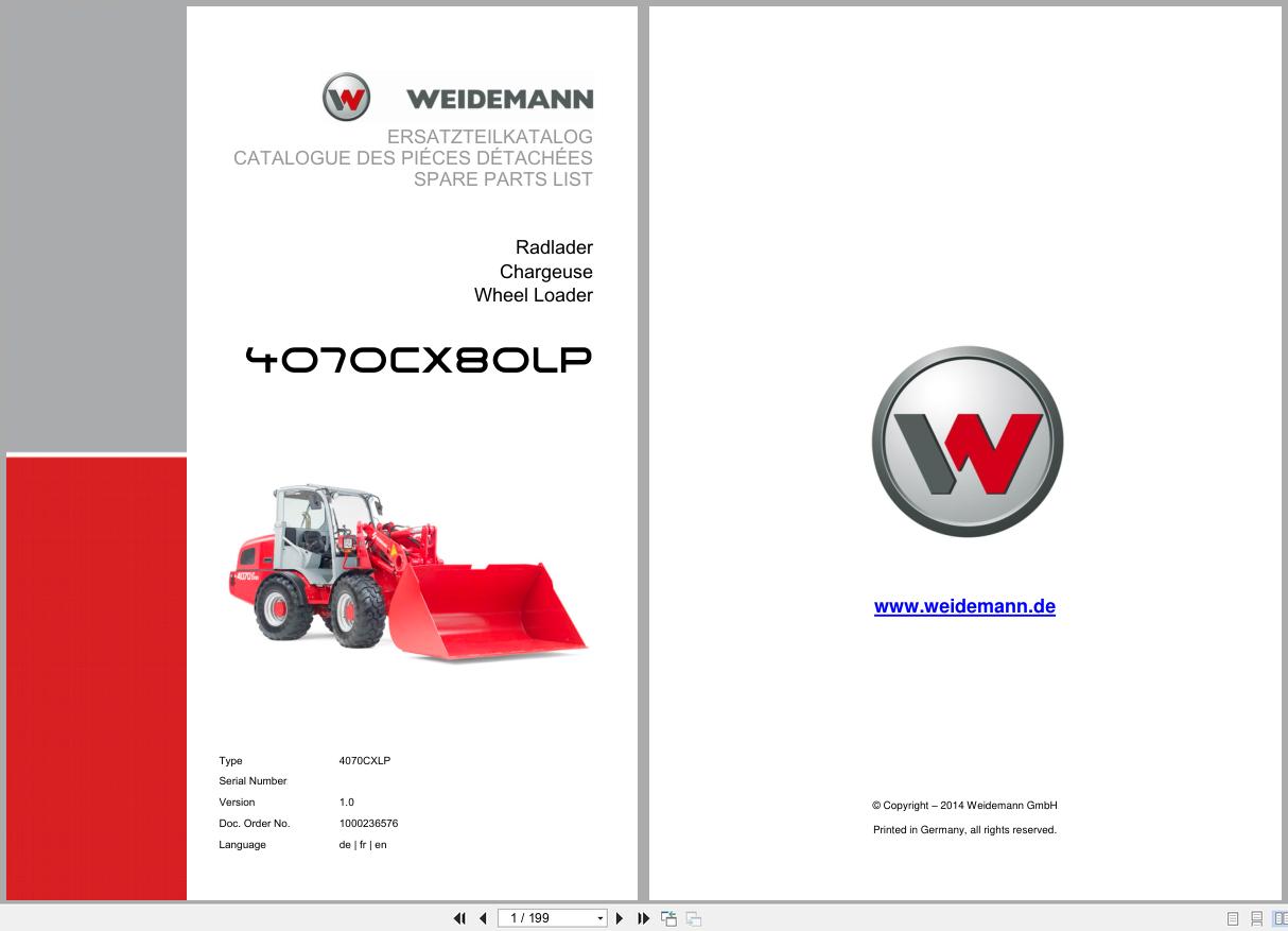Weidemann Wheel Loader 4070CX80LP 4070CXLP Spare Parts List 1000236576 2014 DE FR EN (1)
