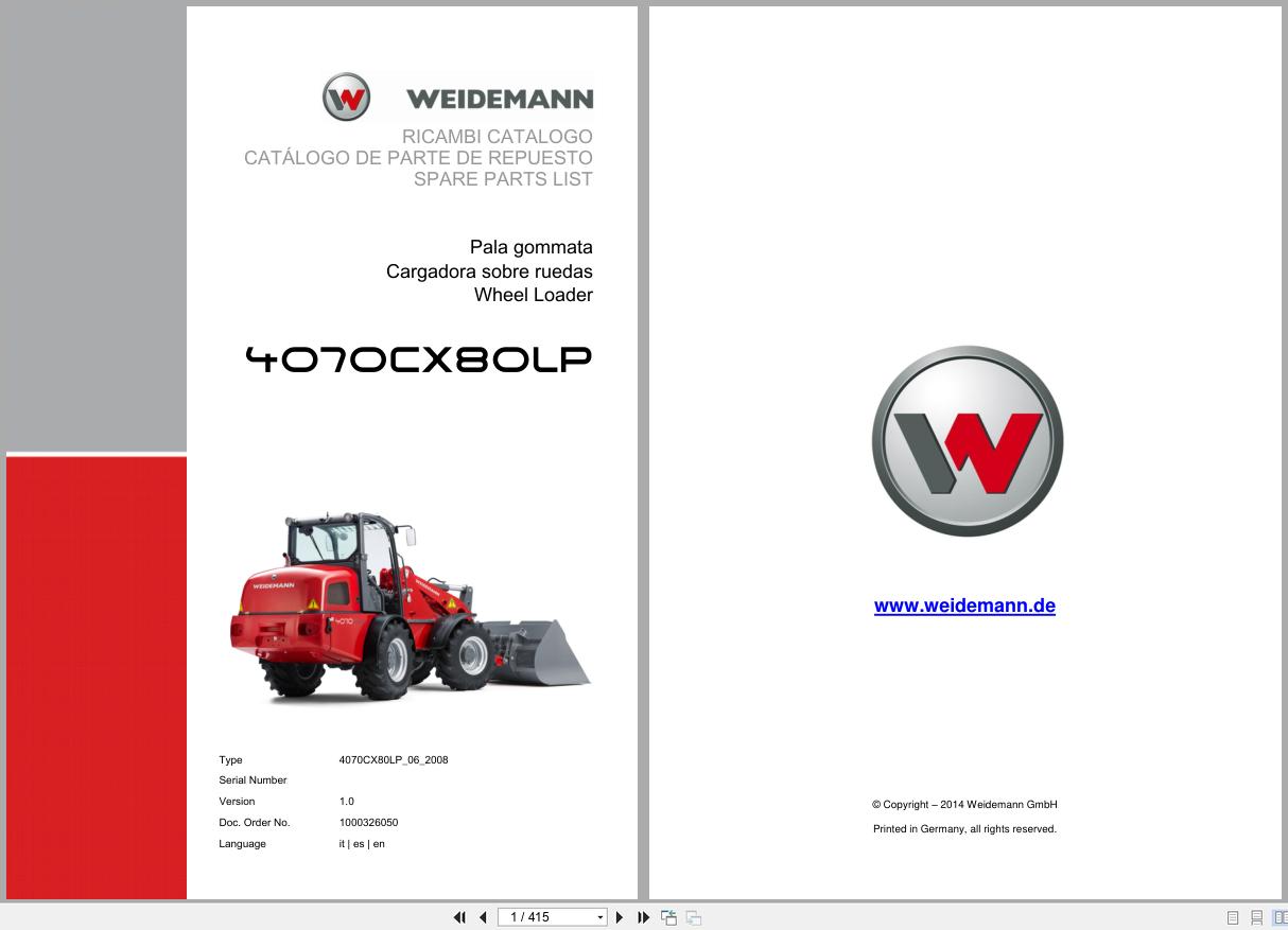 Weidemann Wheel Loader 4070CX80LP Spare Parts List 1000326050 2014 IT ES EN (1)