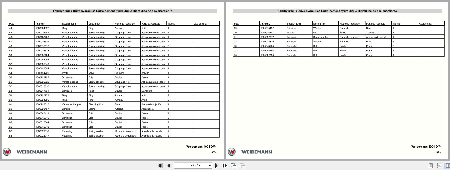 Weidemann Wheel Loader Radlader 4004 D P Spare Parts List 5056400406 EN DE FR ES (2)