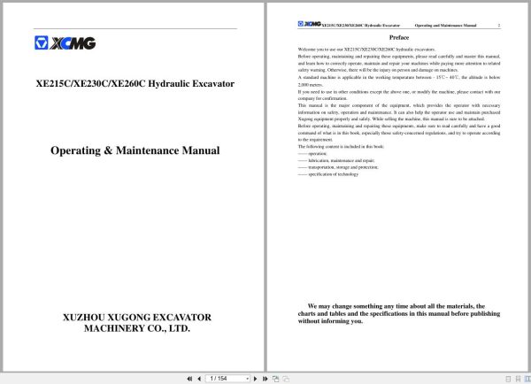 XCMG Hydraulic Excavator XE215C XE230C XE260C Operating Maintenance Manual 2011 EN (1)