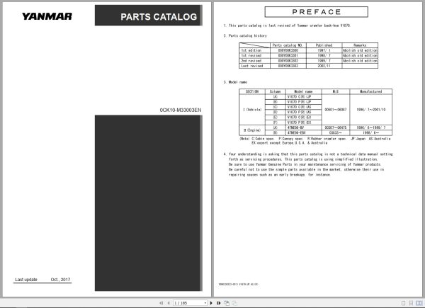 Yanmar Crawler Backhoe V1070 Series Parts Catalog 0CK10 M33003EN 2017 (1)