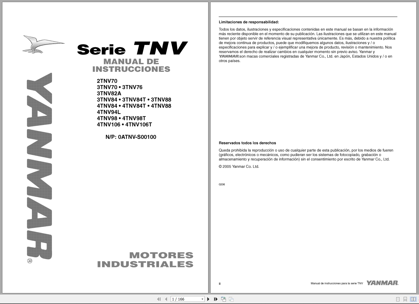 Yanmar Engine 2TNV70 To 4TNV106T Operations Instructions Manual 0ATNV S00100 2005 ES (1)