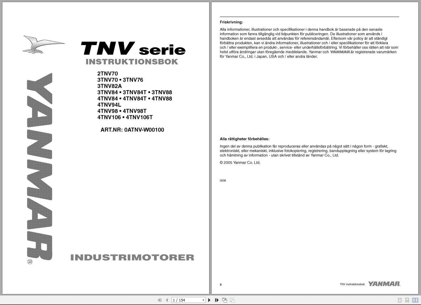 Yanmar Engine 2TNV70 To 4TNV106T Operations Instructions Manual 0ATNV W00100 2005 SV (1)