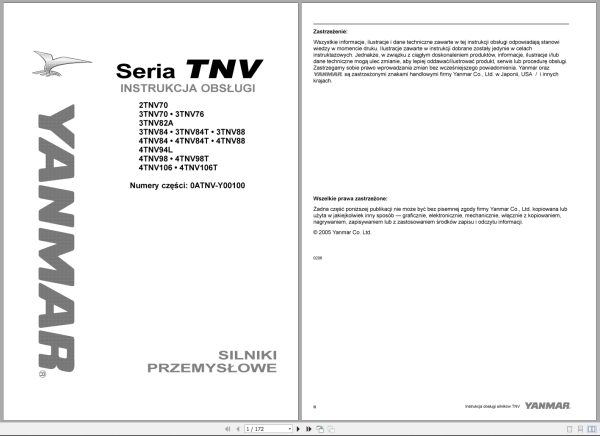 Yanmar Engine 2TNV70 To 4TNV106T Operations Instructions Manual 0ATNV Y00100 2005 PL (1)
