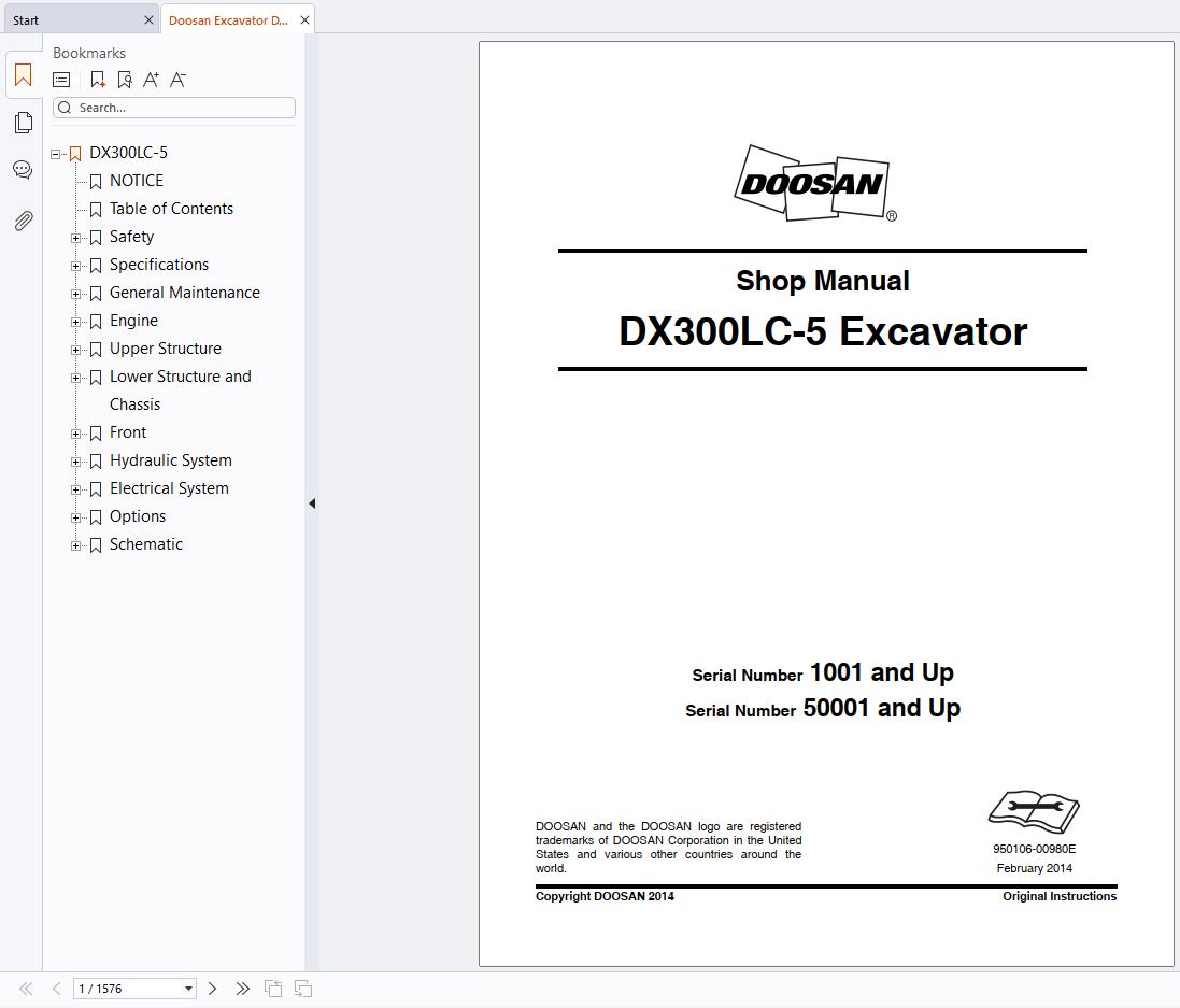 Doosan Excavator DX300LC 5 Shop Manual 950106 00980E (1)
