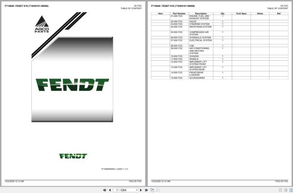 Fendt Tractor 818 71800101 99999 Parts Catalog F718000 2025 1