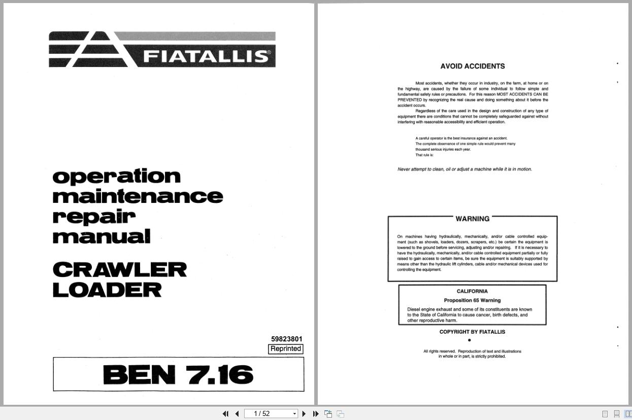 Fiat Allis Crawler Loader Ben 7.16 Operation Maintenance Repair Manual 59823801 (1)