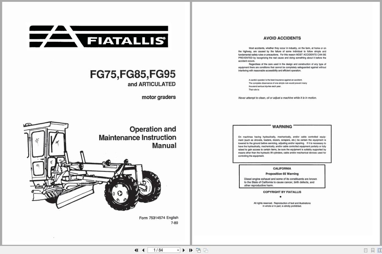 Fiat Allis Motor Grader FG75 FG85 FG95 Operation Maintenance Manual 75314574 (1)