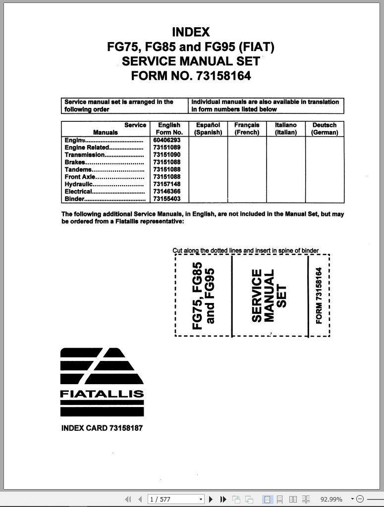 Fiat Allis Motor Grader FG75 FG85 FG95 Service Manual 73158164 (1)