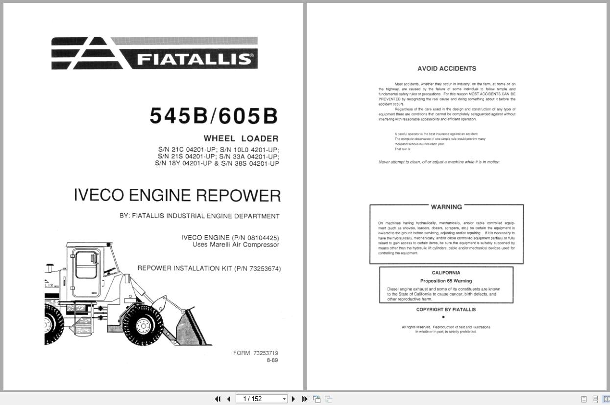 Fiat Allis Wheel Loader 545B 605B Iveco Engine Repower Service Manual 73253719 (1)
