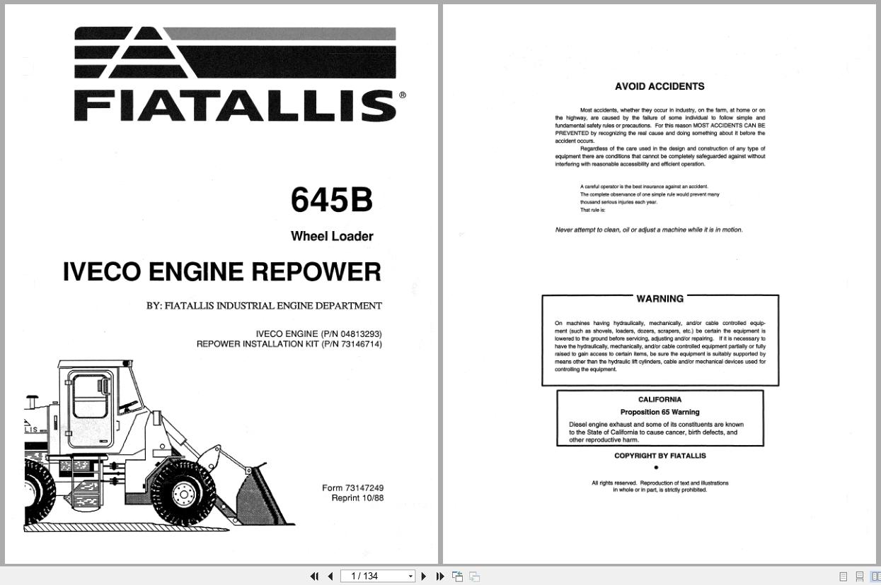 Fiat Allis Wheel Loader 645B Iveco Engine Repower Service Manual 73147249 (1)