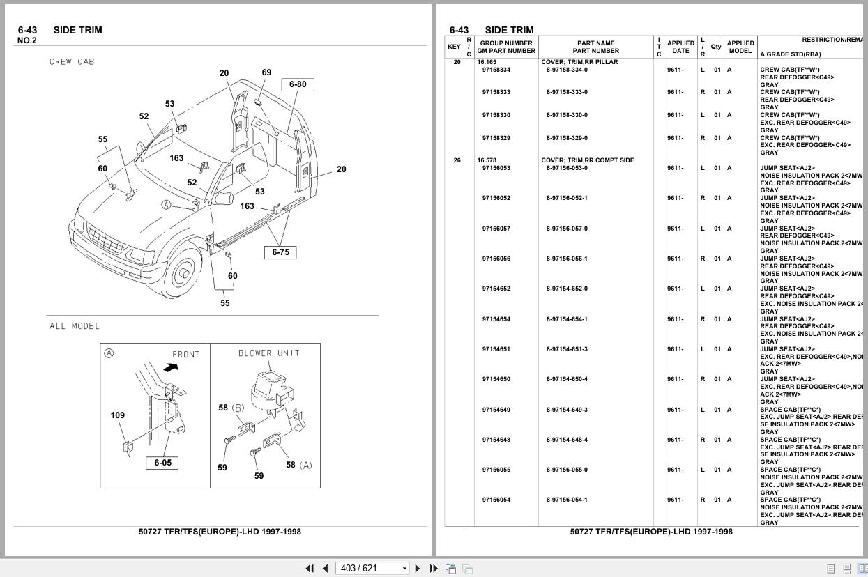 Isuzu Pickup TFR TFS EUROPE LHD 1997 1998 Parts Catalog 50727 (2)