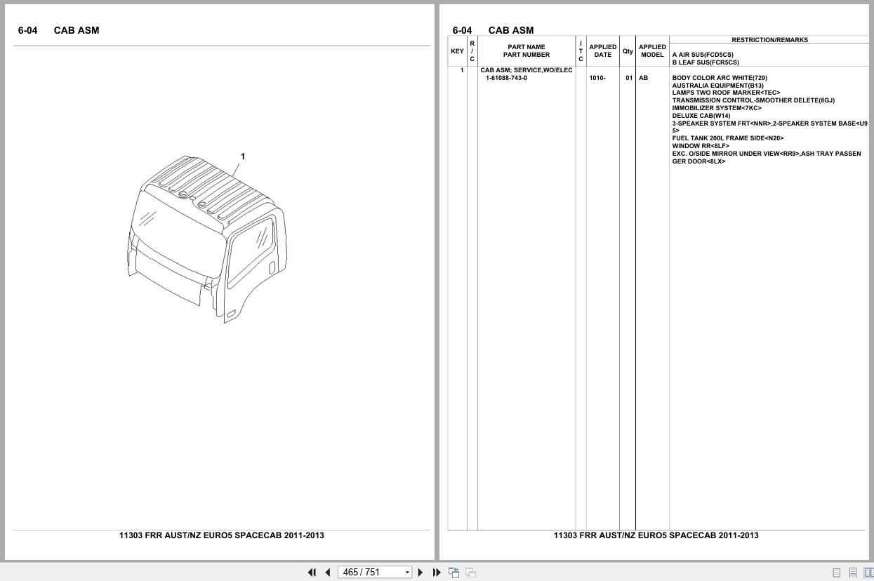 Isuzu Truck FRR AUSTRALIA NEW ZEALAND EURO5 SPACECAB 2011 2013 Parts Catalog 11303 (2)