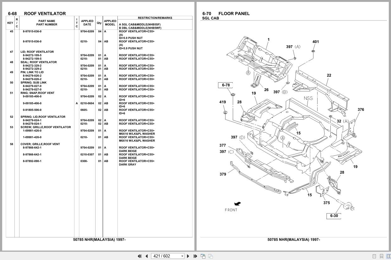 Isuzu Truck NHR MALAYSIA 1997 Parts Catalog 50785 (2)