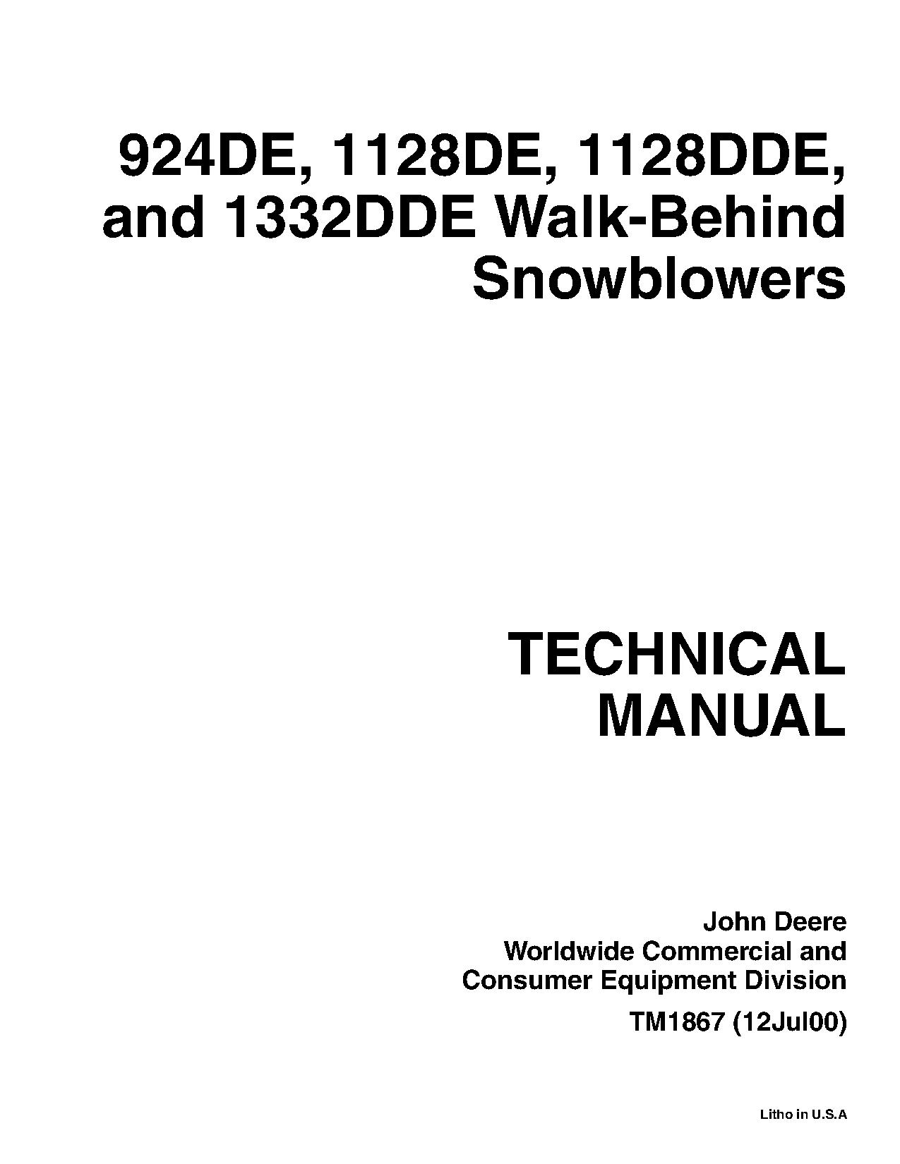 John Deere 1128DDE 1128DE 1332DDE 924DE Walk Behind Snowblowers Technical Manual TM1867 (1)