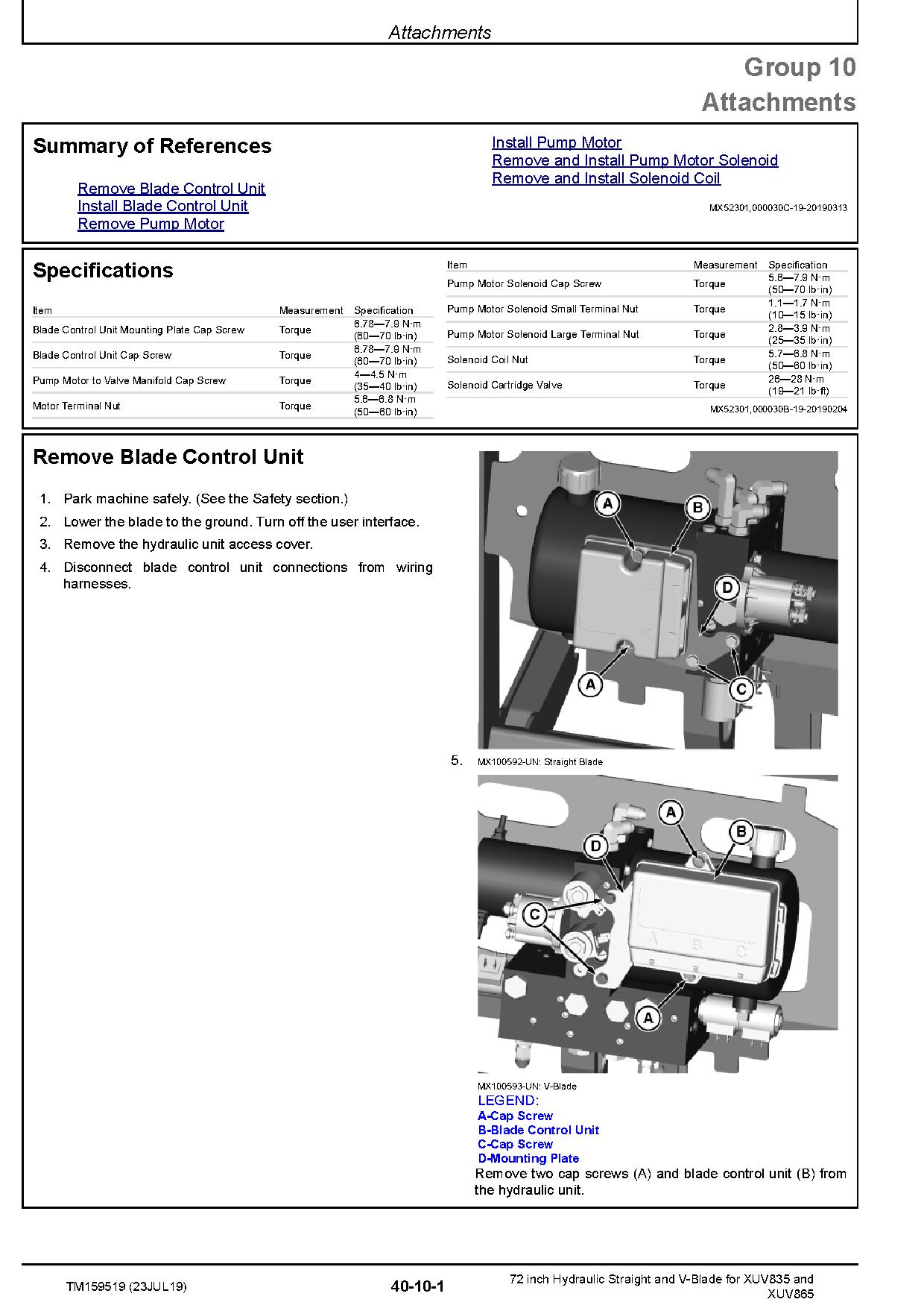 John Deere 72 inch Hydraulic Straight V Blade for XUV835 XUV865 Gator Utility Vehicles Technical Manual TM159519 (2)