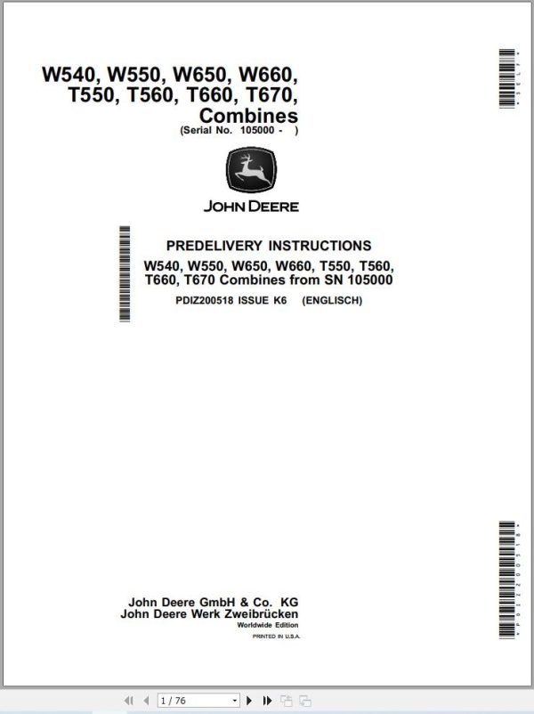 John Deere Combine W540 to T670 Predelivery Instructions PDIZ200518 (1)