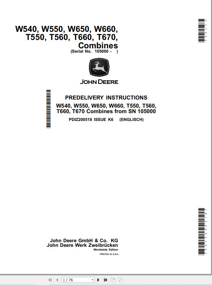 John Deere Combines W540 to T670 Predelivery Instructions PDIZ200518 (1)