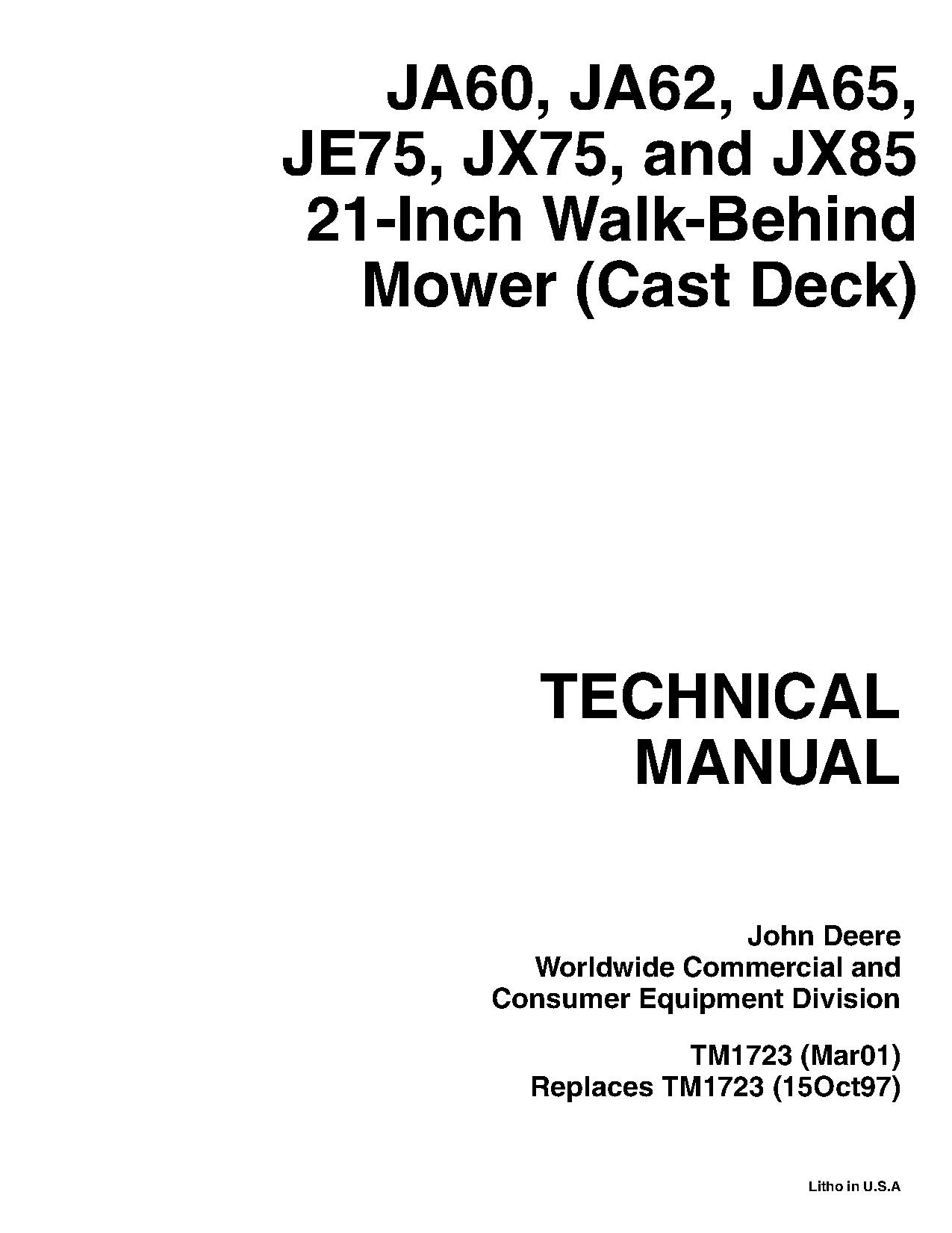 John Deere JA60 JA62 JA65 JE75 JX75 JX85 21 Inch Walk Behind Mowers Technical Manual TM1723 (1)