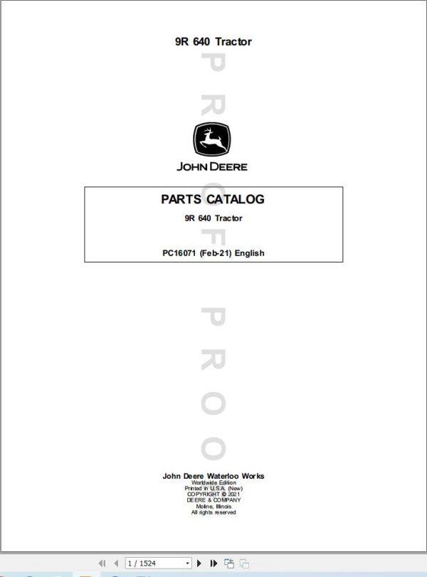 John Deere Tractor 9R 640 Parts Catalog PC16071 2021 (1)