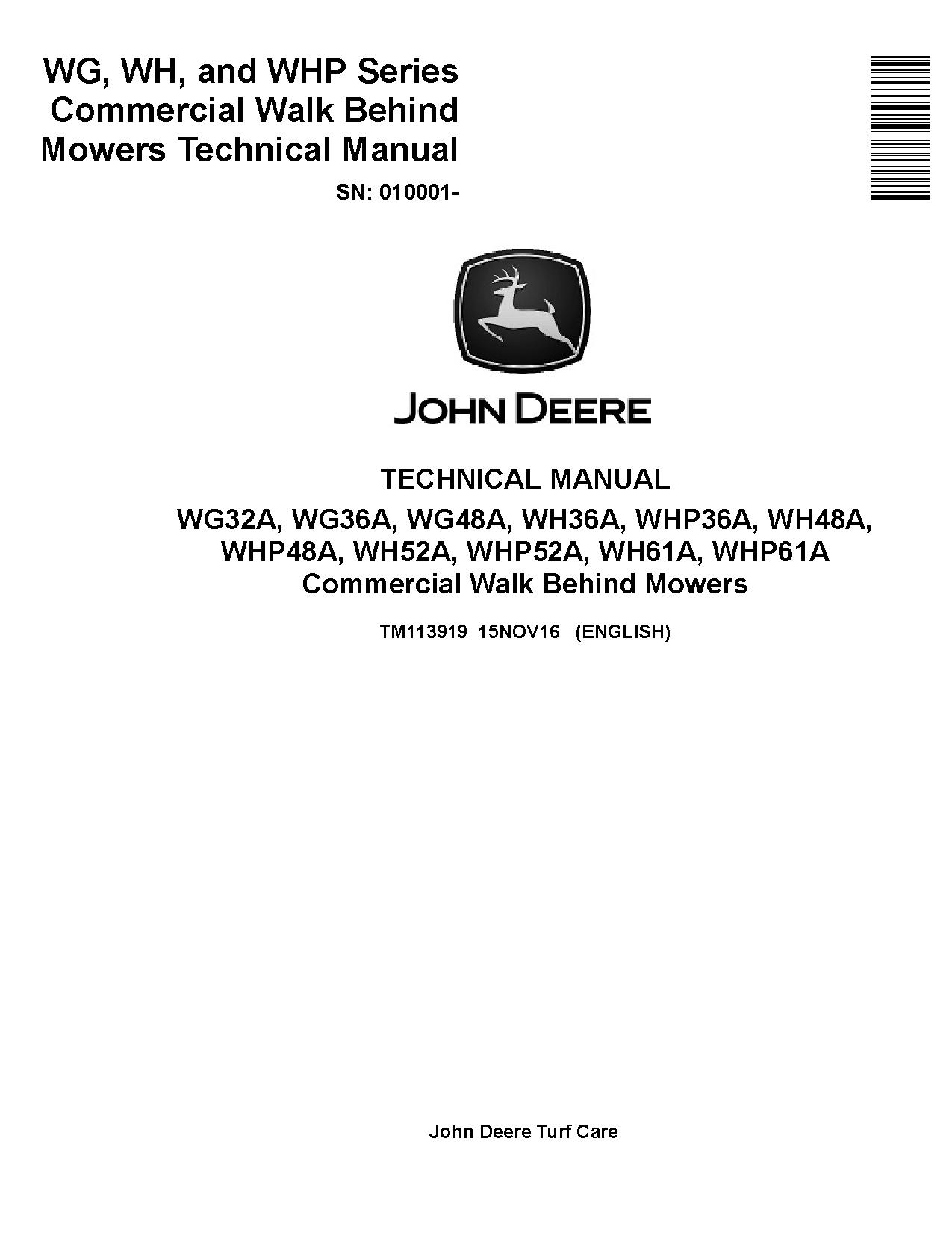 John Deere WG32A WG36A WG48A WH36A WH48A WH52A WH61A WHP36A WHP48A WHP52A WHP61A Commercial Walk Behind Mowers Technical Manual TM113919 (1)