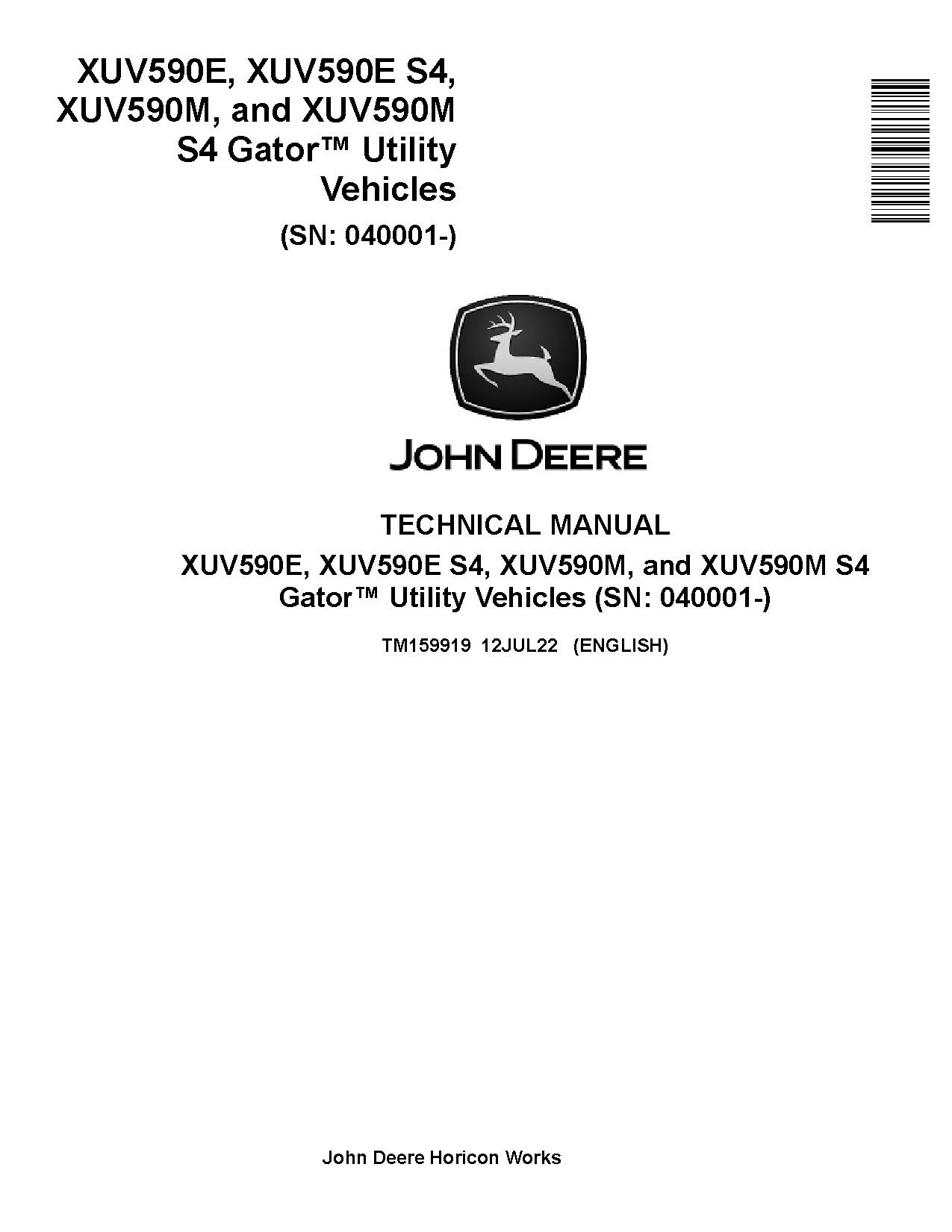 John Deere XUV590E XUV590E S4 XUV590M XUV590M S4 Gator Utility Vehicles Technical Manual TM159919 (1)