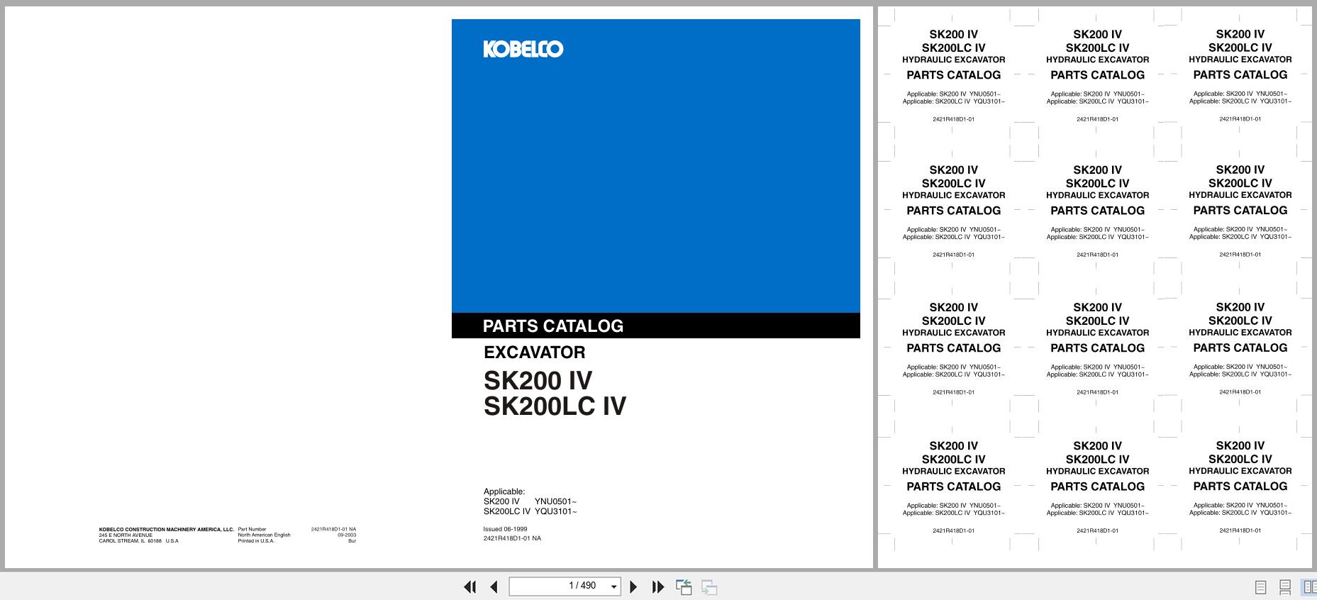 Kobelco Excavator SK200IV SK200LCIV Parts Catalog 2421R418D101NA 1999 (1)