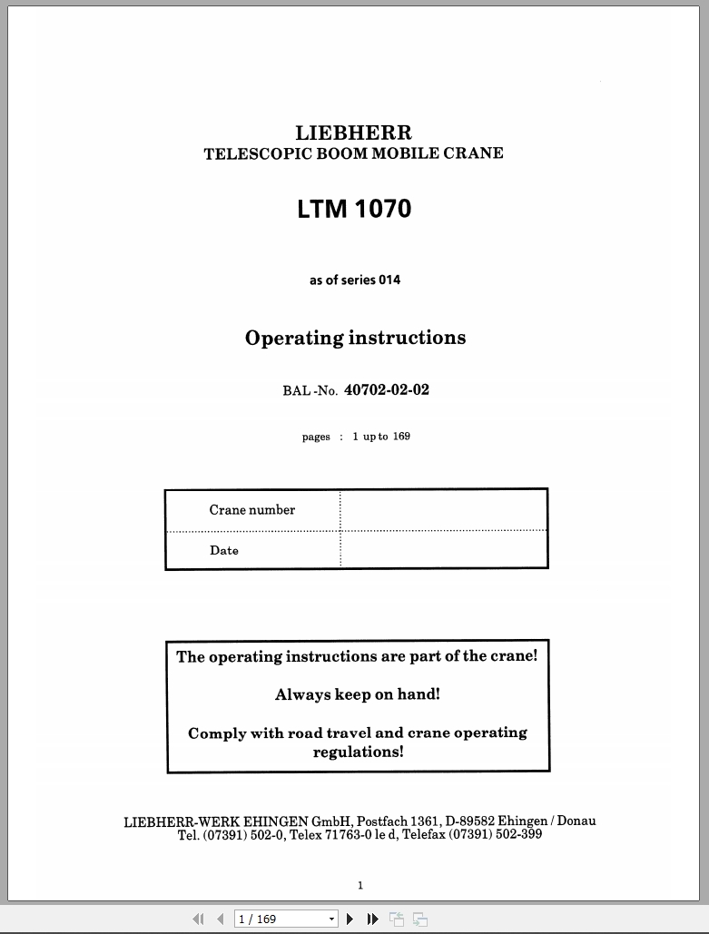 Liebherr Crane LTM 1070 Service Operating Instructions Manual And Wiring Diagram 2