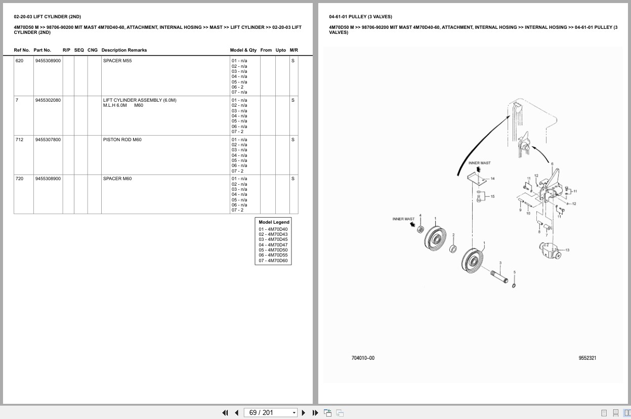 Mitsubishi Forklift 4M70D50 M Mast 4M70D40 60 Attachment Internal Hosing Europe Parts Catalog 98706 90200 (2)